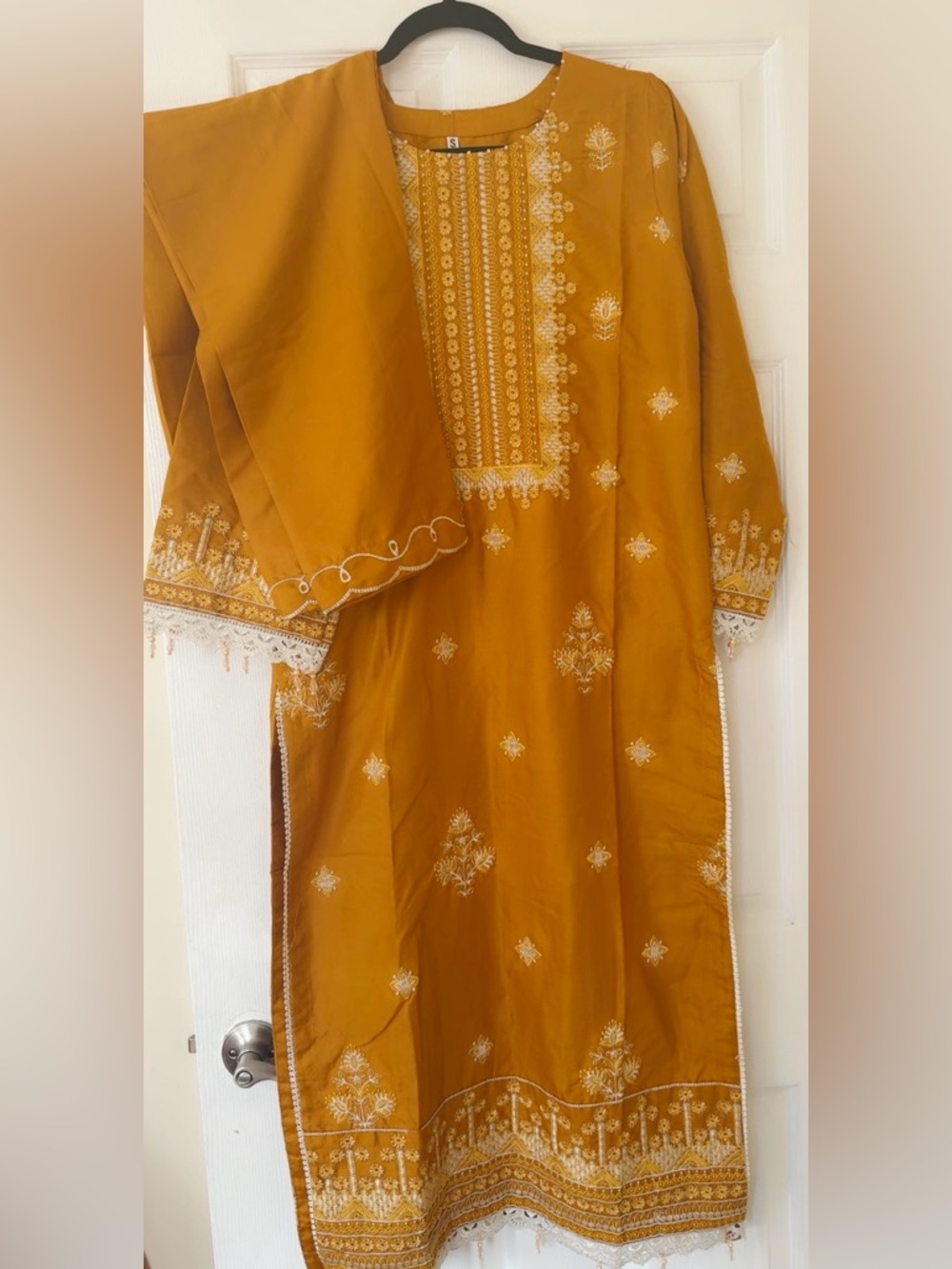 Embroidered Mustard Kurta with White Threadwork